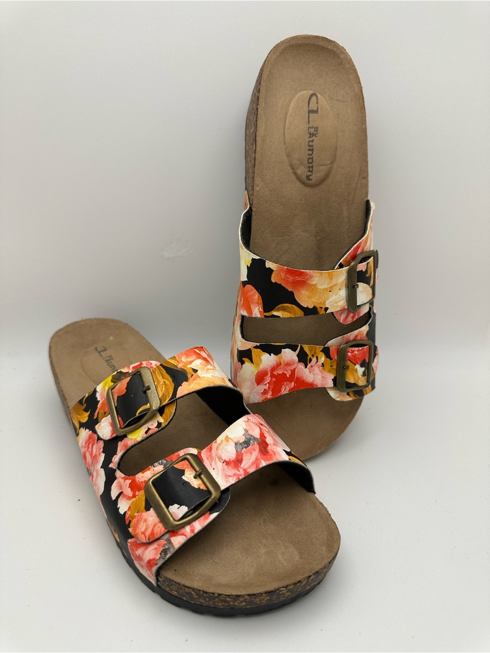 CL By Laundry Floral Double-Buckle Slide Sandals in Black Floral wedge sandal